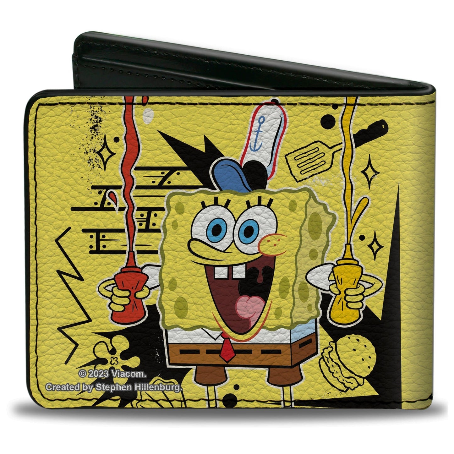 SpongeBob SquarePants Bi - Fold Wallet Krabby Patty Condiments Pose Vegan Leather Yellow/Black - Paramount Shop