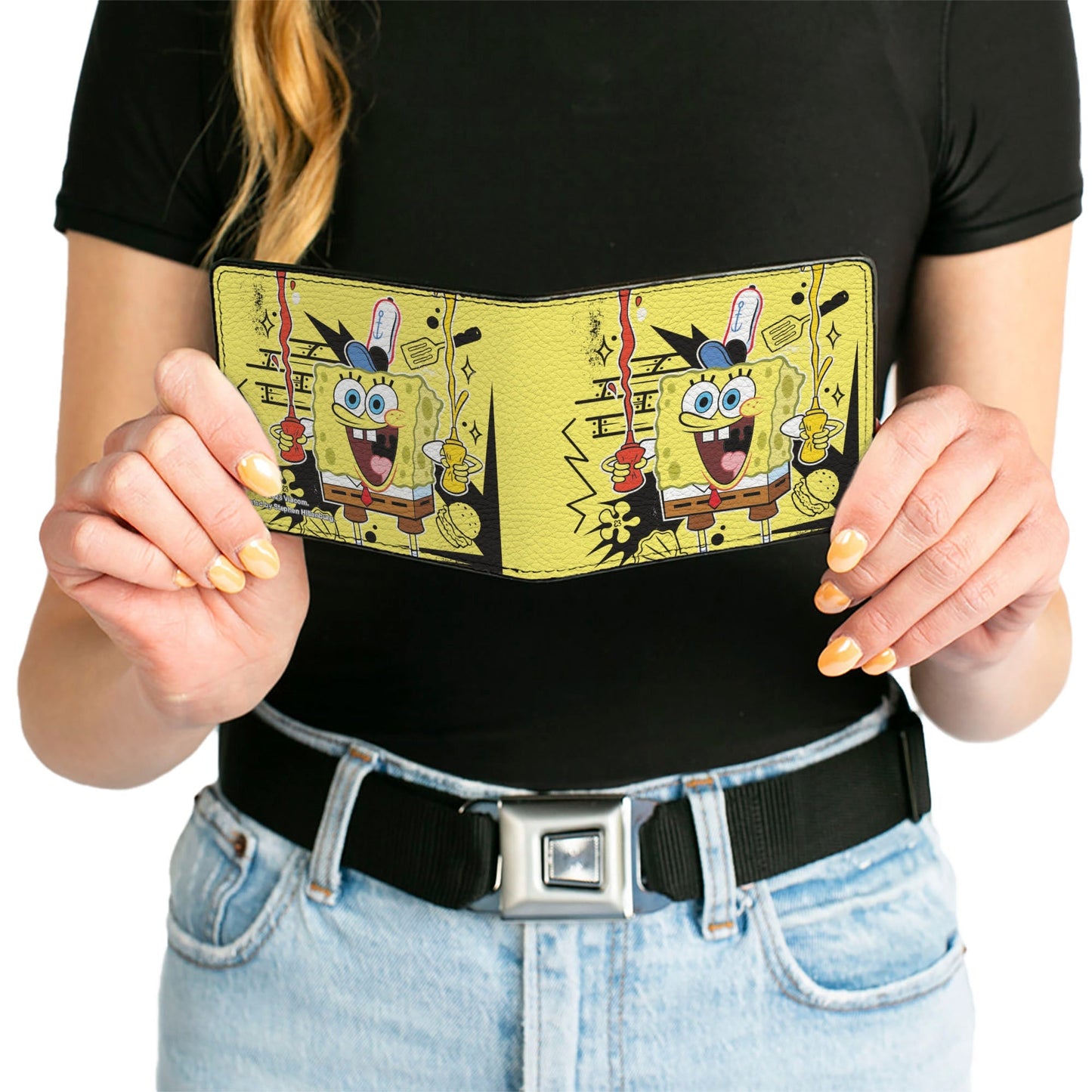 SpongeBob SquarePants Bi - Fold Wallet Krabby Patty Condiments Pose Vegan Leather Yellow/Black - Paramount Shop