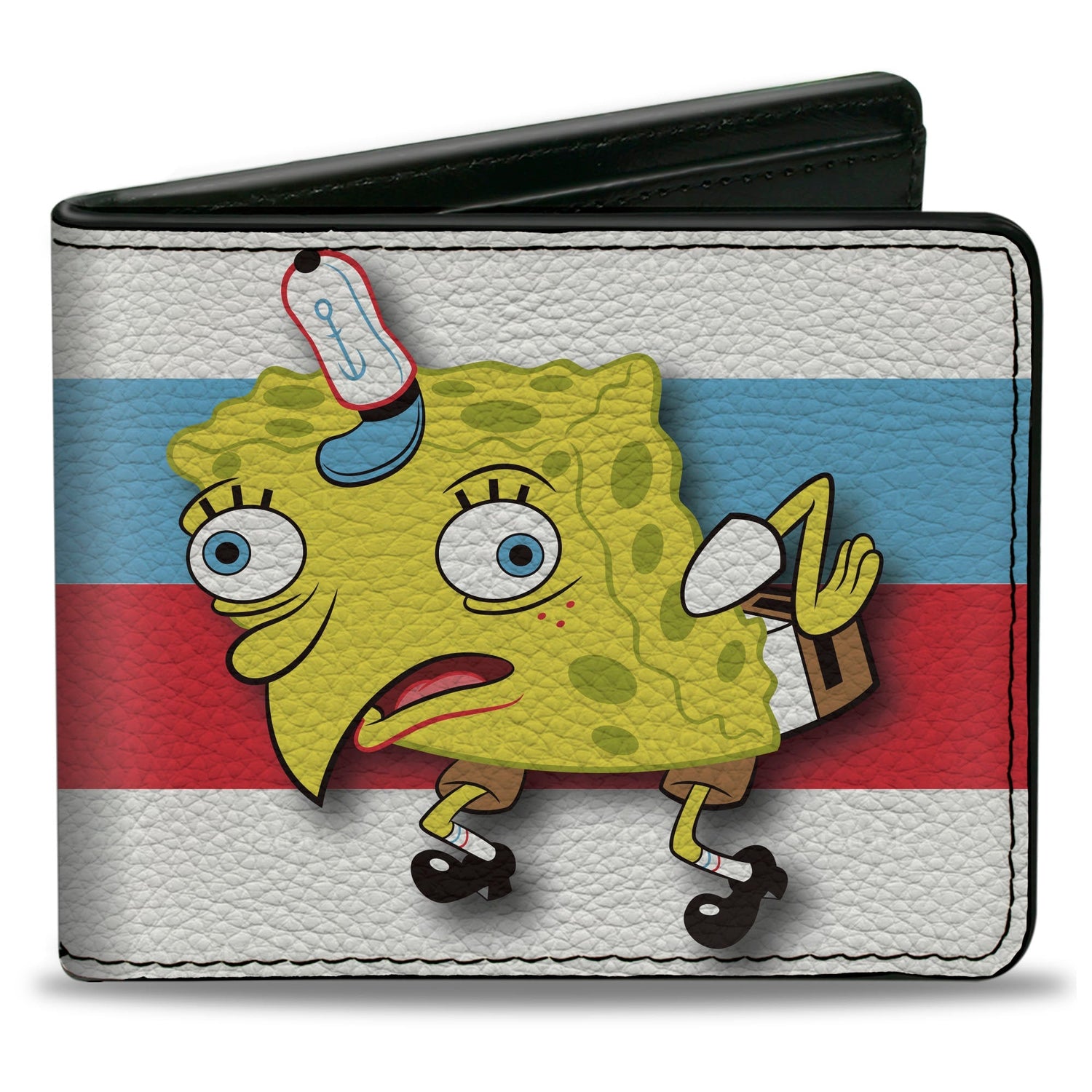 SpongeBob SquarePants Bi - Fold Wallet Mocking SpongeBob Pose Stripe Vegan Leather White Black Red Blue - Paramount Shop