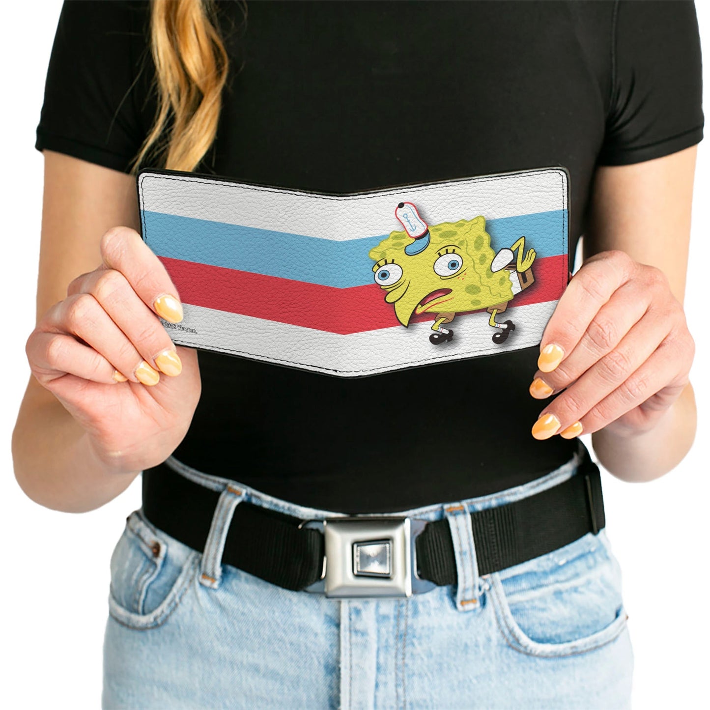 SpongeBob SquarePants Bi - Fold Wallet Mocking SpongeBob Pose Stripe Vegan Leather White Black Red Blue - Paramount Shop