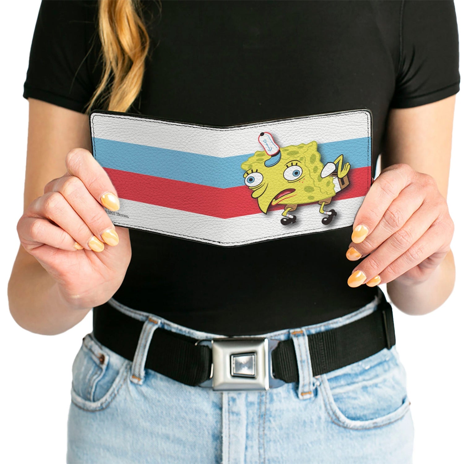 SpongeBob SquarePants Bi - Fold Wallet Mocking SpongeBob Pose Stripe Vegan Leather White Black Red Blue - Paramount Shop
