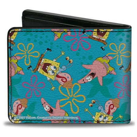 SpongeBob SquarePants Bi - Fold Wallet Patrick and Gary Joy Poses Flowers Scattered Blue Vegan Leather - Paramount Shop