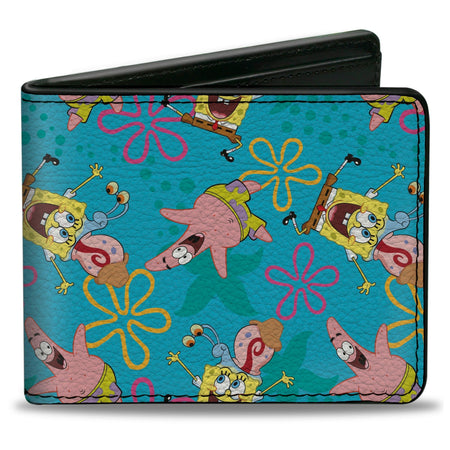 SpongeBob SquarePants Bi - Fold Wallet Patrick and Gary Joy Poses Flowers Scattered Blue Vegan Leather - Paramount Shop