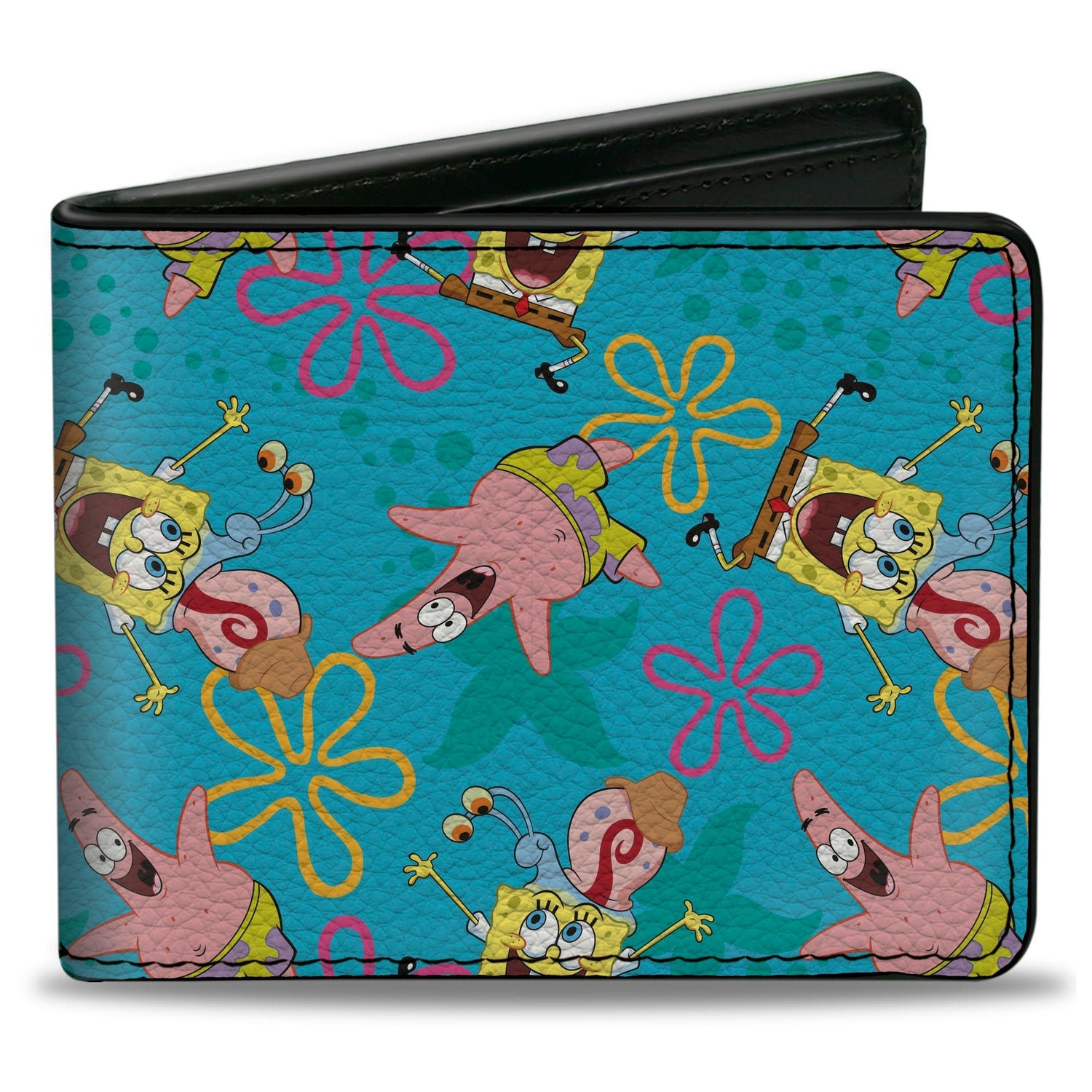 SpongeBob SquarePants Bi - Fold Wallet Patrick and Gary Joy Poses Flowers Scattered Blue Vegan Leather - Paramount Shop