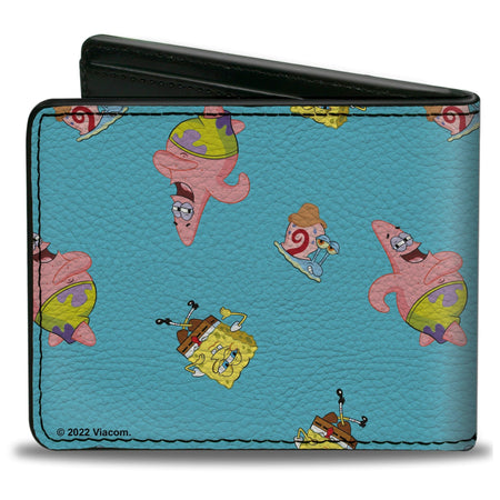 SpongeBob SquarePants Bi - Fold Wallet Patrick and Gary Poses Scattered Vegan Leather Bright Blue - Paramount Shop