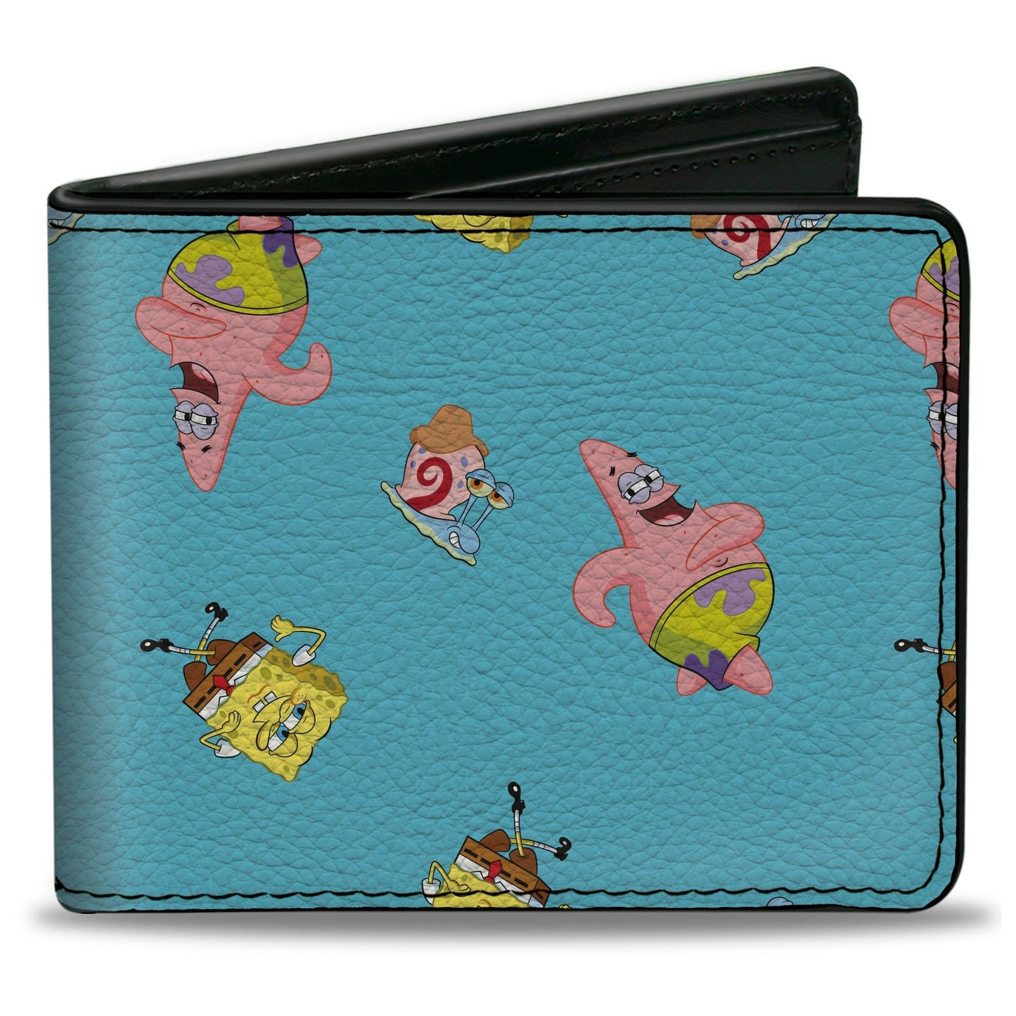 SpongeBob SquarePants Bi - Fold Wallet Patrick and Gary Poses Scattered Vegan Leather Bright Blue - Paramount Shop