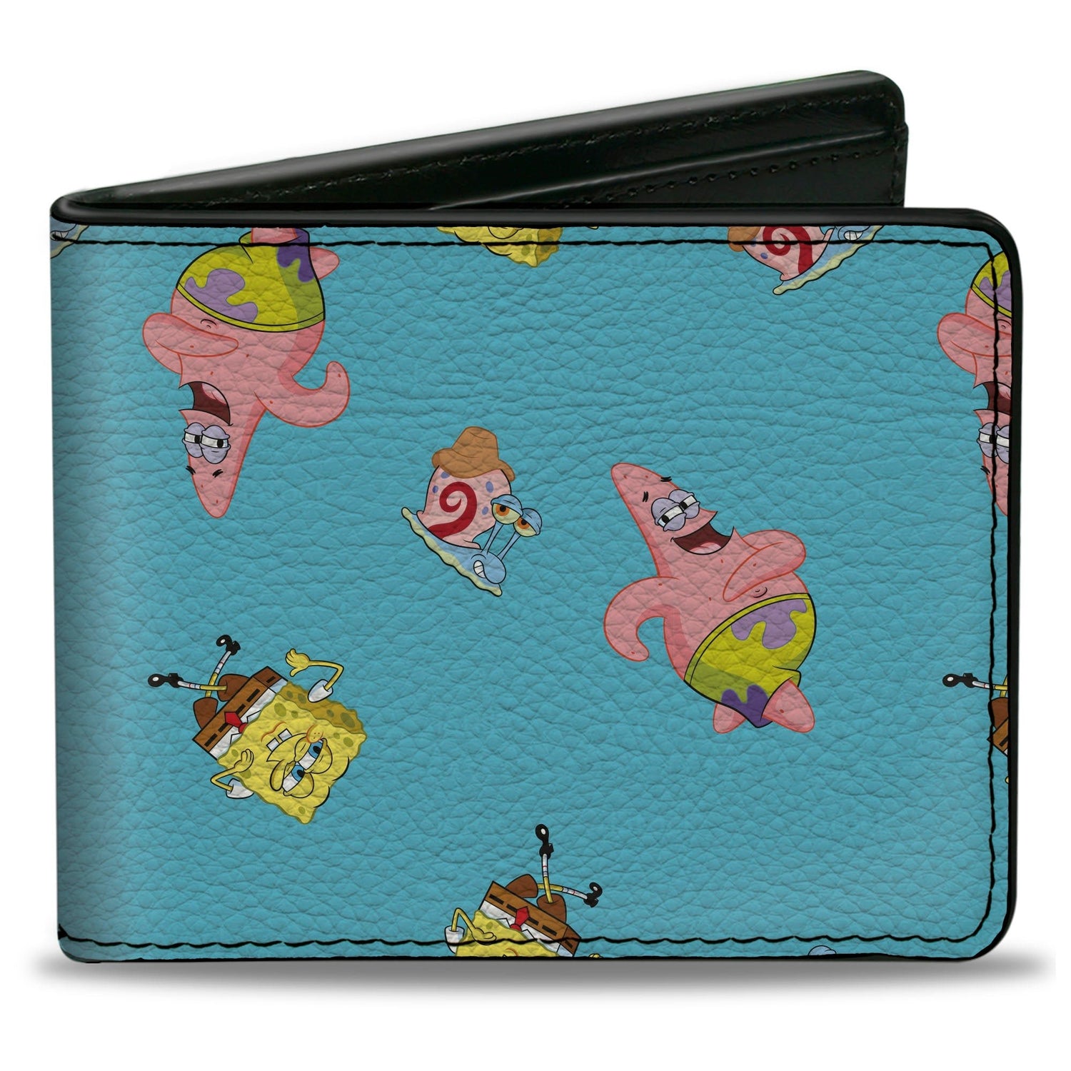 SpongeBob SquarePants Bi - Fold Wallet Patrick and Gary Poses Scattered Vegan Leather Bright Blue - Paramount Shop