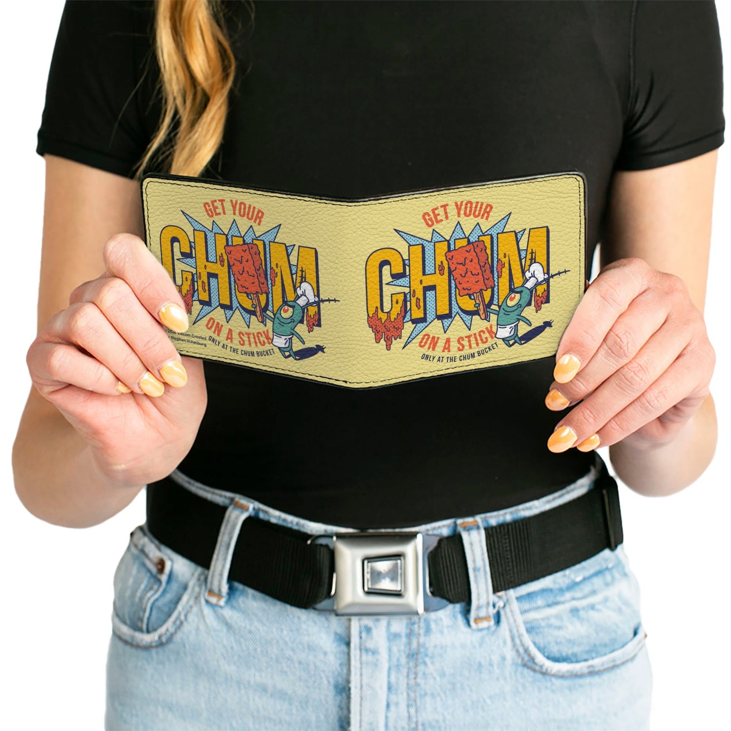 SpongeBob SquarePants Bi - Fold Wallet Plankton GET YOUR CHUM ON A STICK Pose Vegan Leather Yellow - Paramount Shop