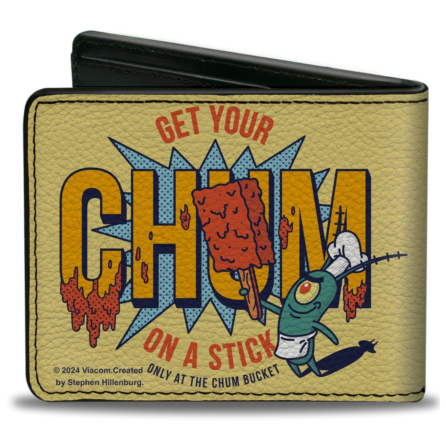 SpongeBob SquarePants Bi - Fold Wallet Plankton GET YOUR CHUM ON A STICK Pose Vegan Leather Yellow - Paramount Shop