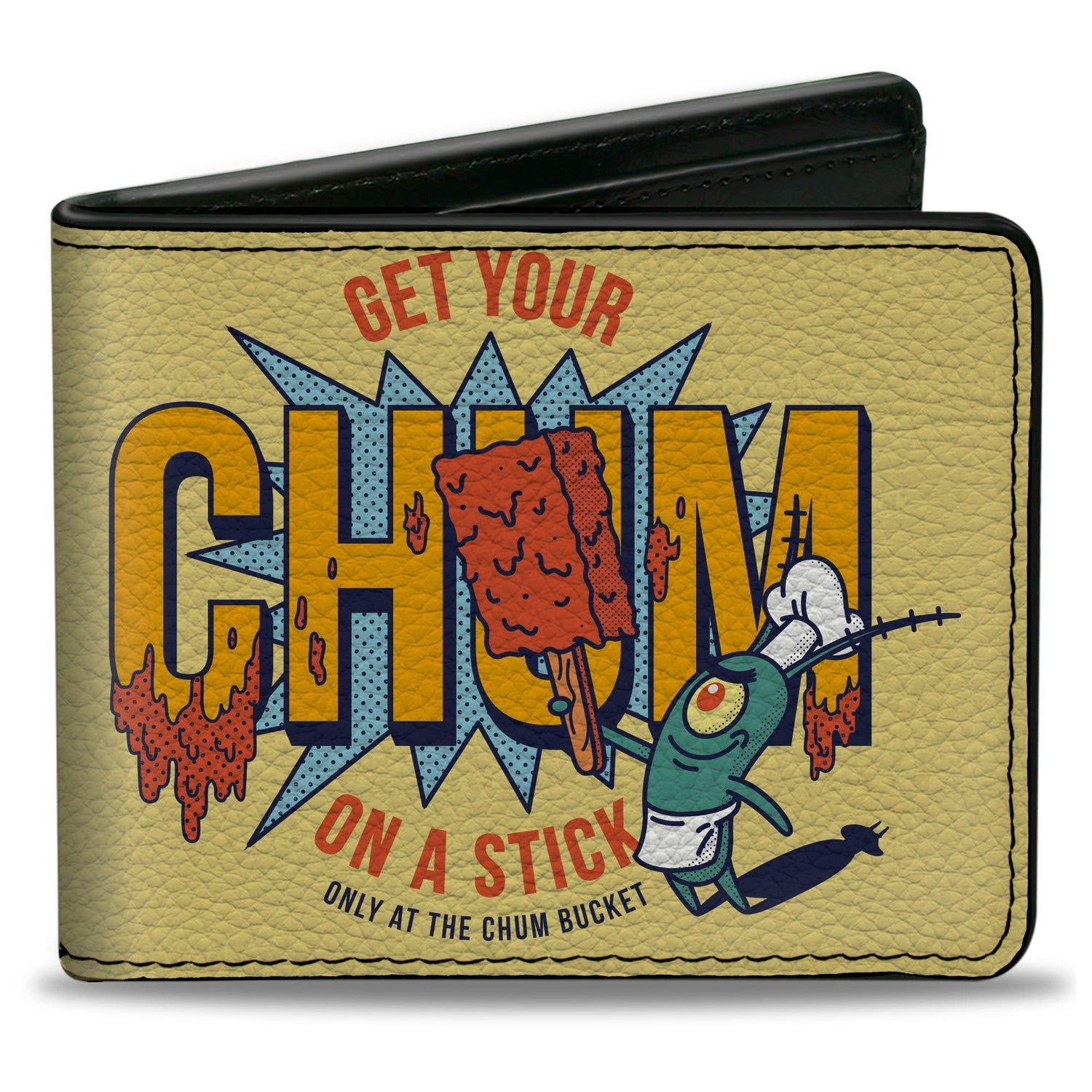 SpongeBob SquarePants Bi - Fold Wallet Plankton GET YOUR CHUM ON A STICK Pose Vegan Leather Yellow - Paramount Shop