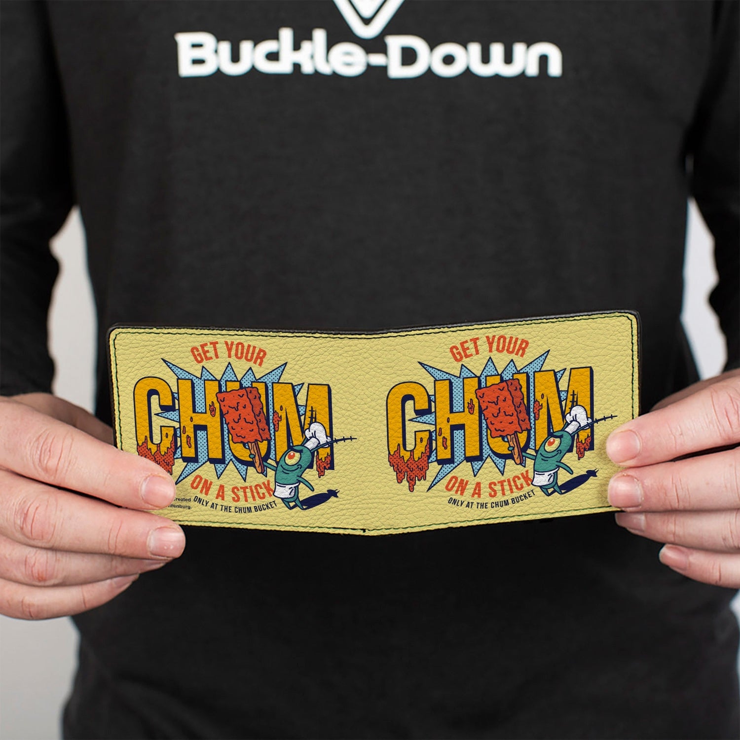 SpongeBob SquarePants Bi - Fold Wallet Plankton GET YOUR CHUM ON A STICK Pose Vegan Leather Yellow - Paramount Shop