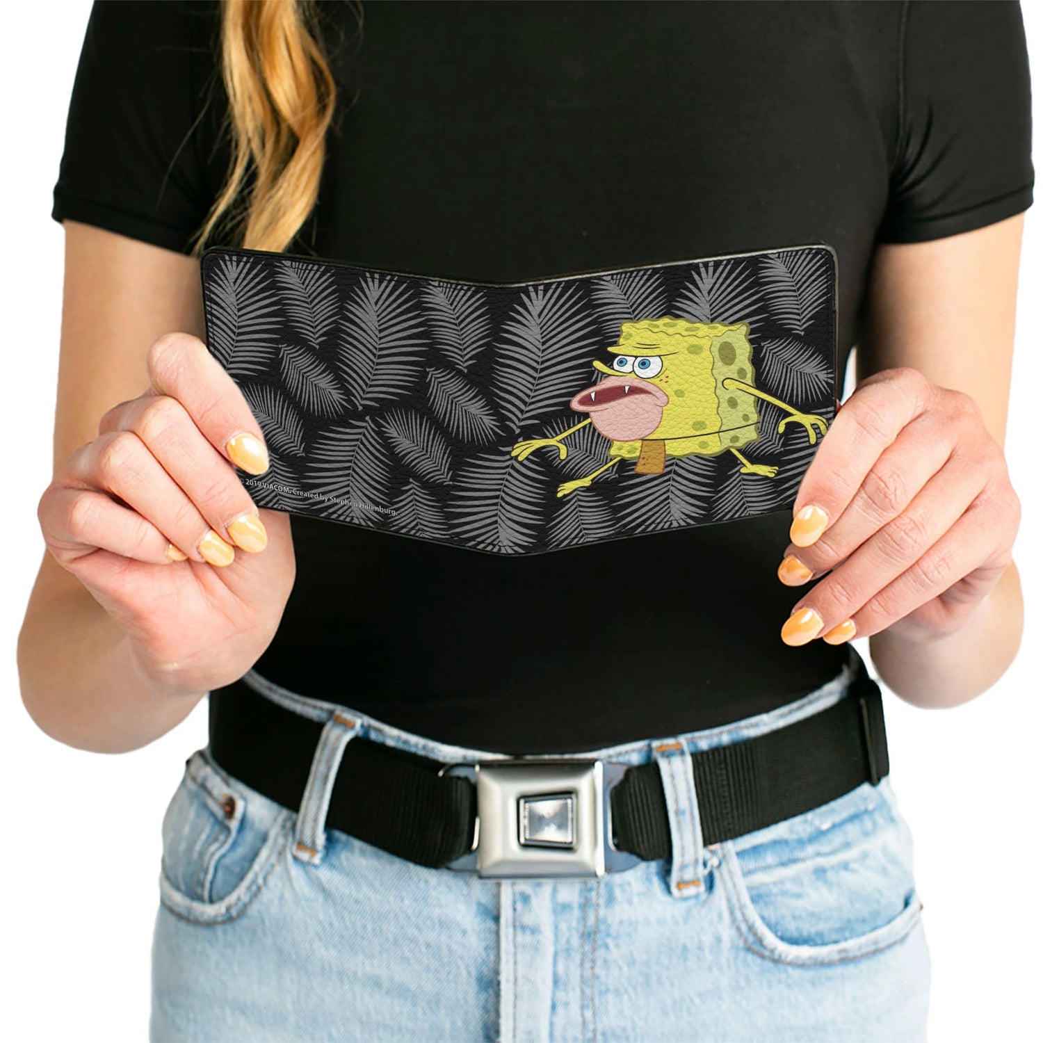 SpongeBob SquarePants Bi - Fold Wallet Primitive Sponge Pose Leaves Black Gray - Paramount Shop