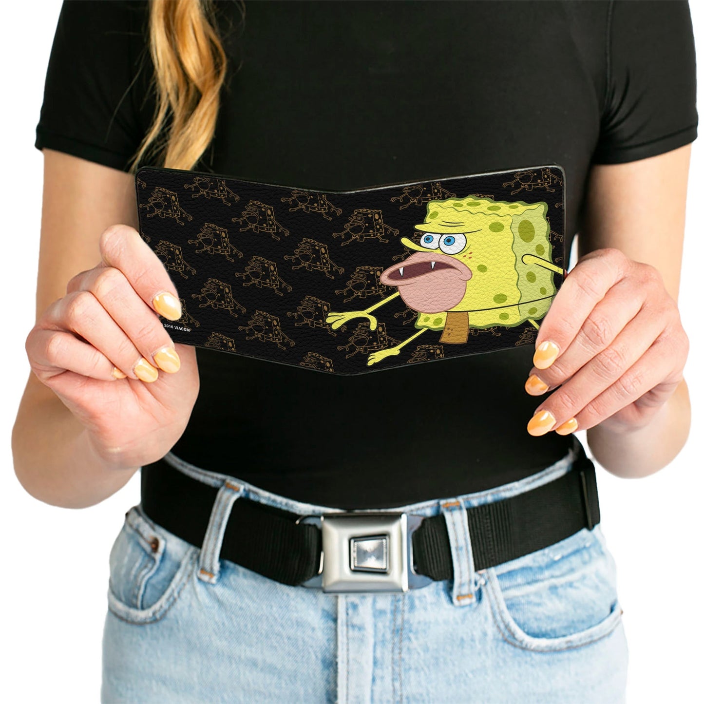 SpongeBob SquarePants Bi - Fold Wallet Primitive Sponge Pose Outline Premium Vegan Leather Black Brown - Paramount Shop