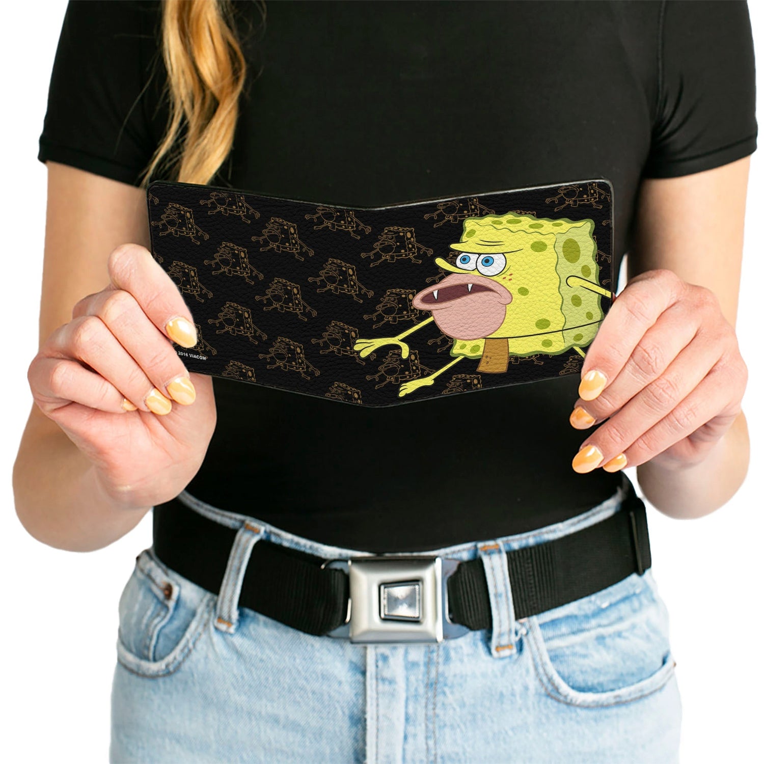 SpongeBob SquarePants Bi - Fold Wallet Primitive Sponge Pose Outline Premium Vegan Leather Black Brown - Paramount Shop