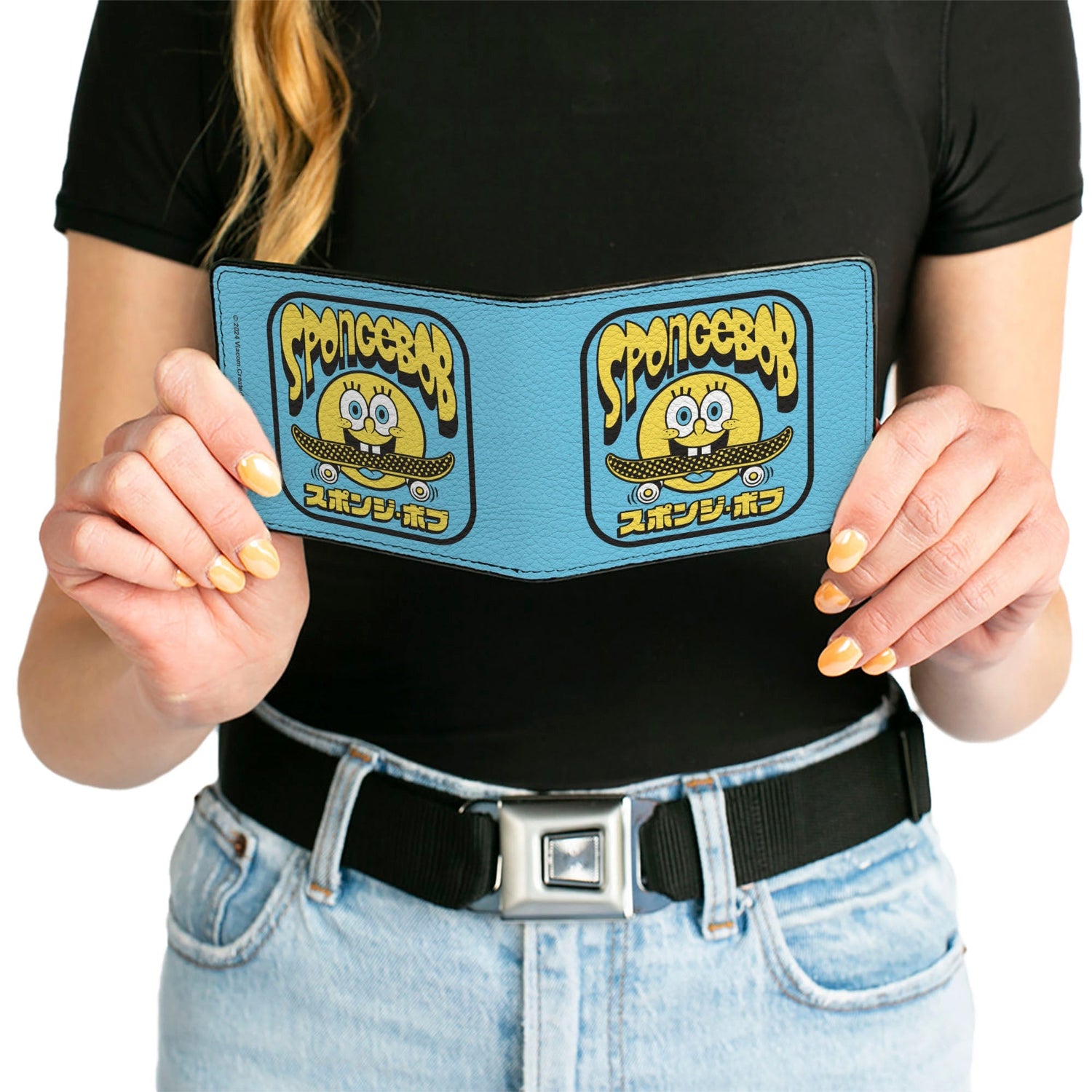SpongeBob SquarePants Bi - Fold Wallet Skateboard Smile Face Japanese Text Blue Black Yellow - Paramount Shop