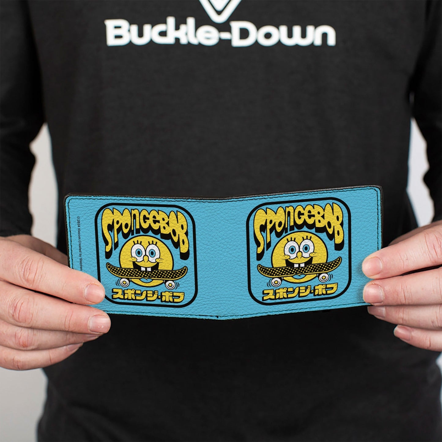SpongeBob SquarePants Bi - Fold Wallet Skateboard Smile Face Japanese Text Blue Black Yellow - Paramount Shop