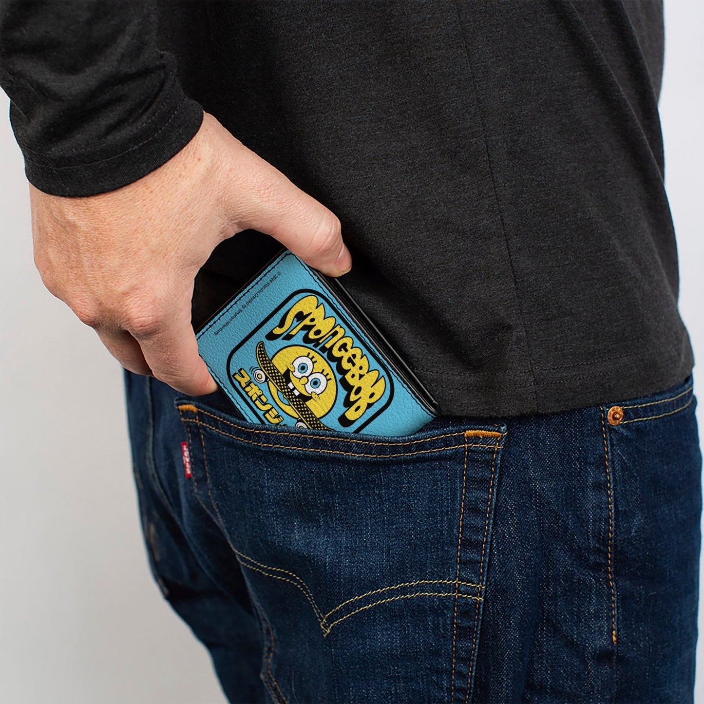 SpongeBob SquarePants Bi - Fold Wallet Skateboard Smile Face Japanese Text Blue Black Yellow - Paramount Shop
