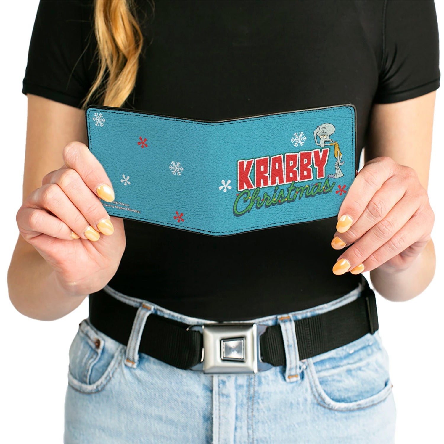 SpongeBob SquarePants Bi - Fold Wallet Squidward Krabby Christmas Pose Vegan Leather Blue - Paramount Shop