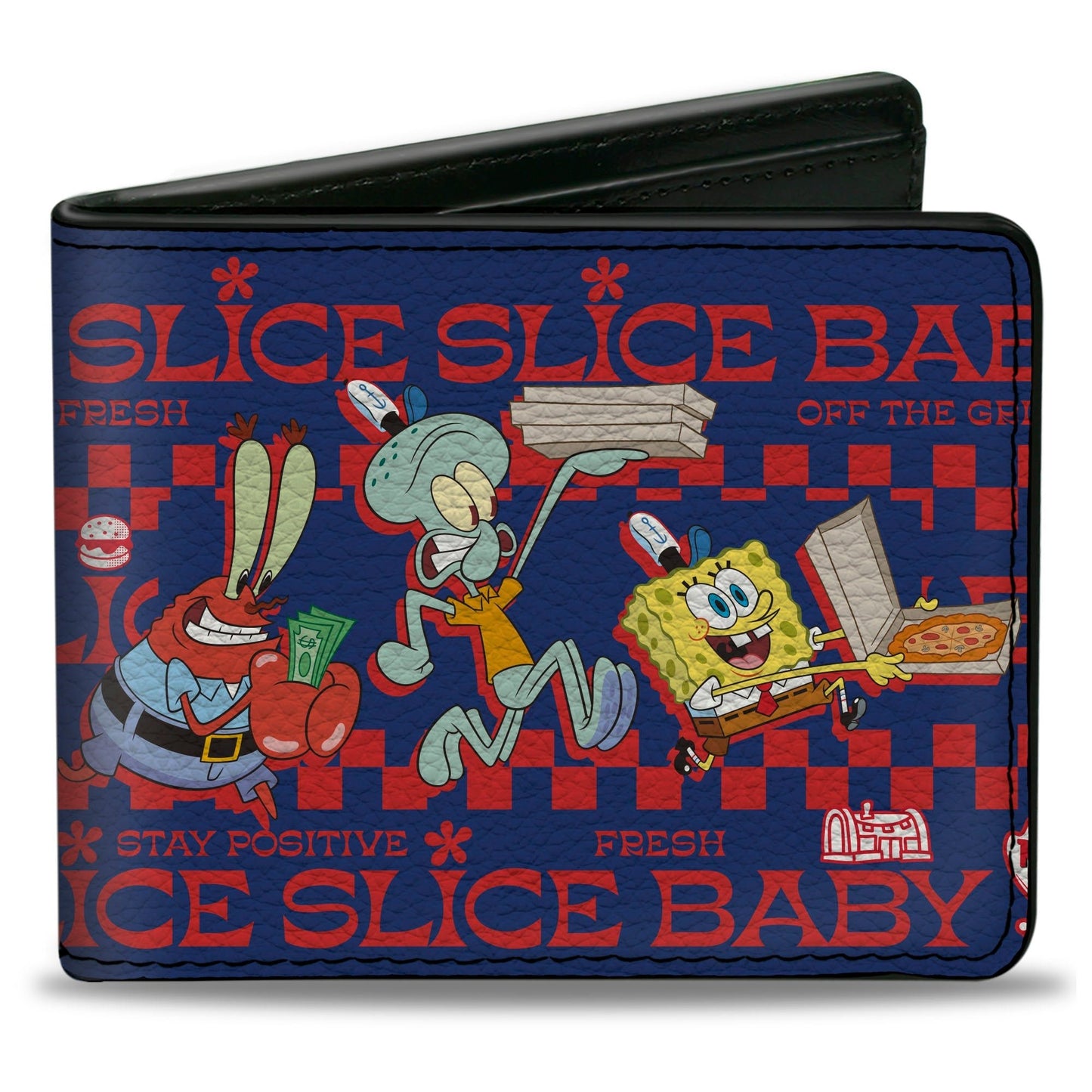 SpongeBob SquarePants Bi - Fold Wallet The Krusty Krab Crew SLICE SLICE BABY Pose Vegan Leather Blue/Red - Paramount Shop