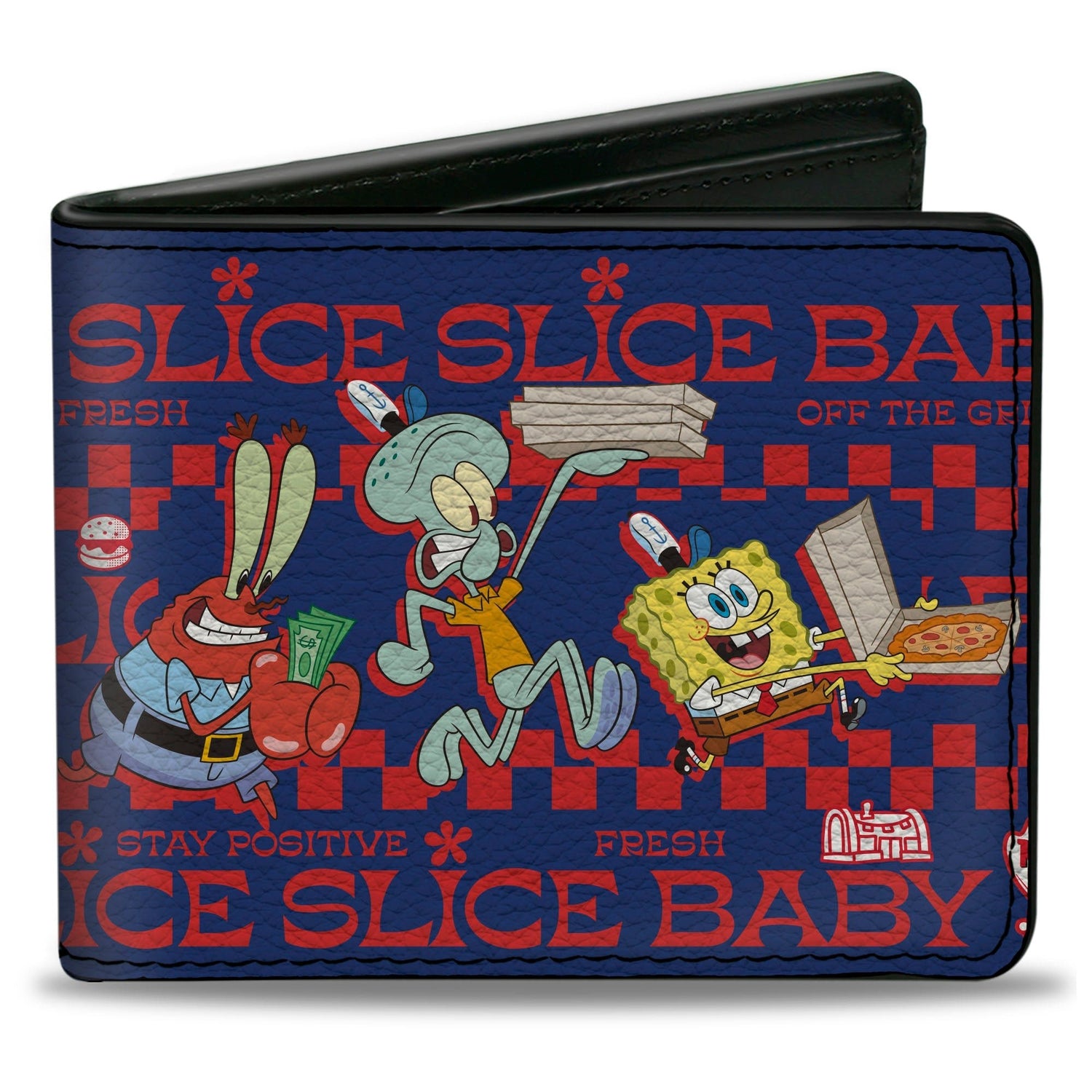 SpongeBob SquarePants Bi - Fold Wallet The Krusty Krab Crew SLICE SLICE BABY Pose Vegan Leather Blue/Red - Paramount Shop