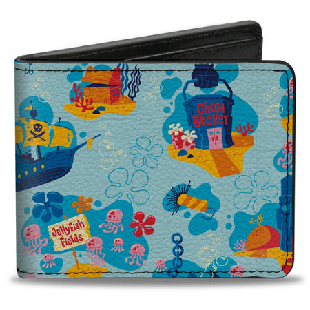 SpongeBob SquarePants Bi - Fold Wallet Under the Sea Icons Collage Premium Vegan Leather Blues - Paramount Shop