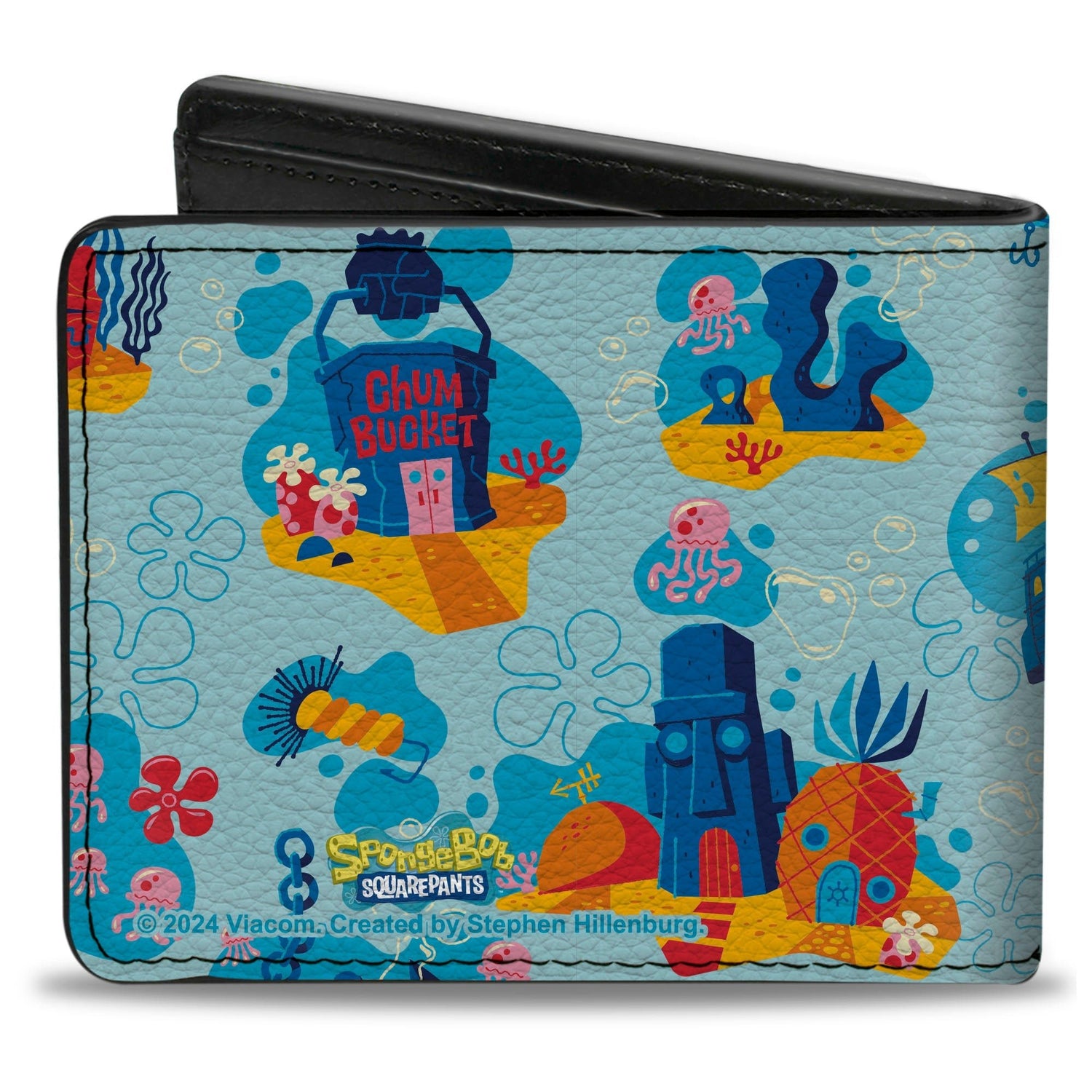 SpongeBob SquarePants Bi - Fold Wallet Under the Sea Icons Collage Premium Vegan Leather Blues - Paramount Shop