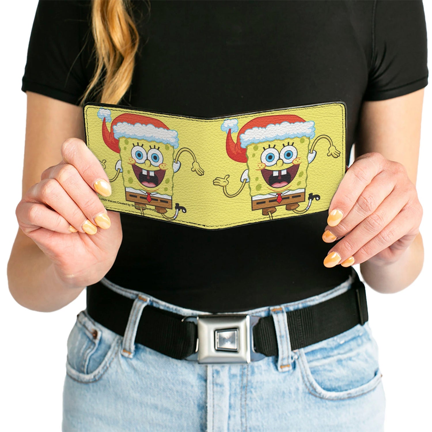 SpongeBob SquarePants Bi - Fold Wallet Wavy Arms Santa Holiday Christmas Pose Men's Yellow - Paramount Shop