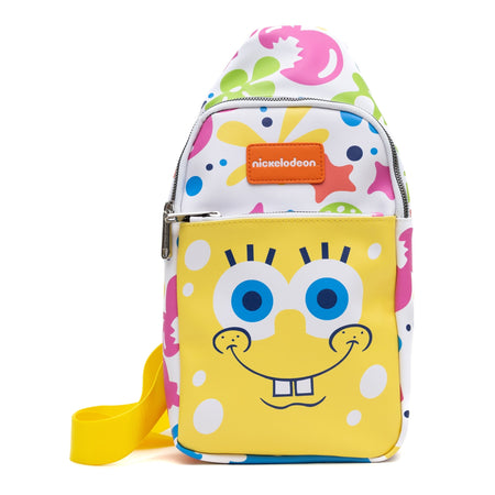 SpongeBob SquarePants Crossbody Sling Bag Smiling Character Close Up and Icons Vegan Leather 7" x 14" - Paramount Shop