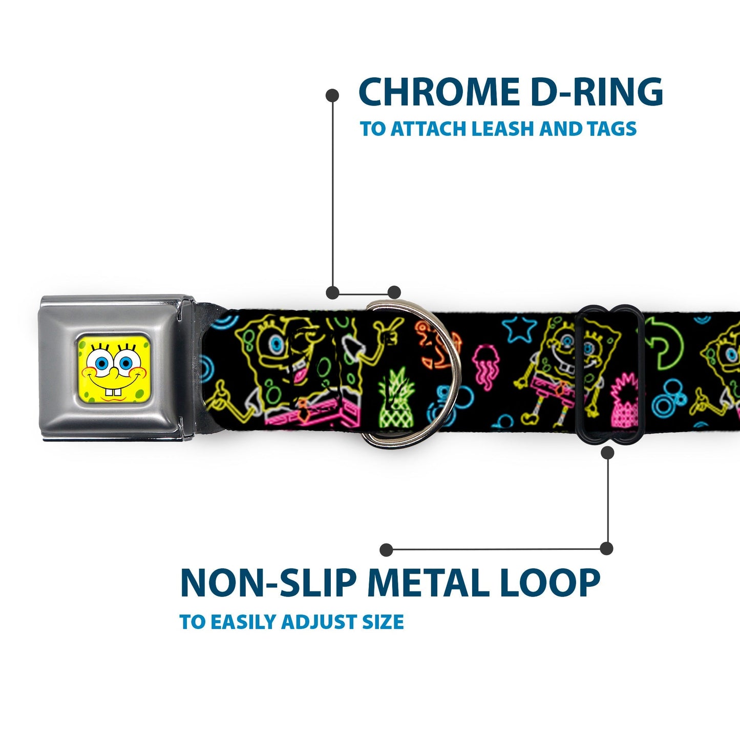 SpongeBob SquarePants Dog Collar Face Close - Up & Electric Poses Miniature Seatbelt Buckle Black Multi - Paramount Shop