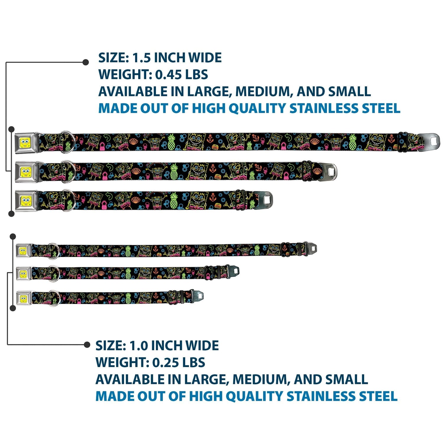 SpongeBob SquarePants Dog Collar Face Close - Up & Electric Poses Miniature Seatbelt Buckle Black Multi - Paramount Shop