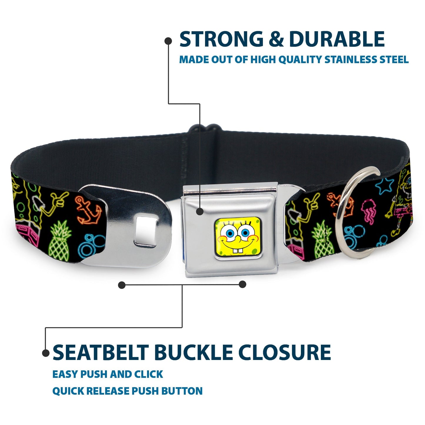 SpongeBob SquarePants Dog Collar Face Close - Up & Electric Poses Miniature Seatbelt Buckle Black Multi - Paramount Shop