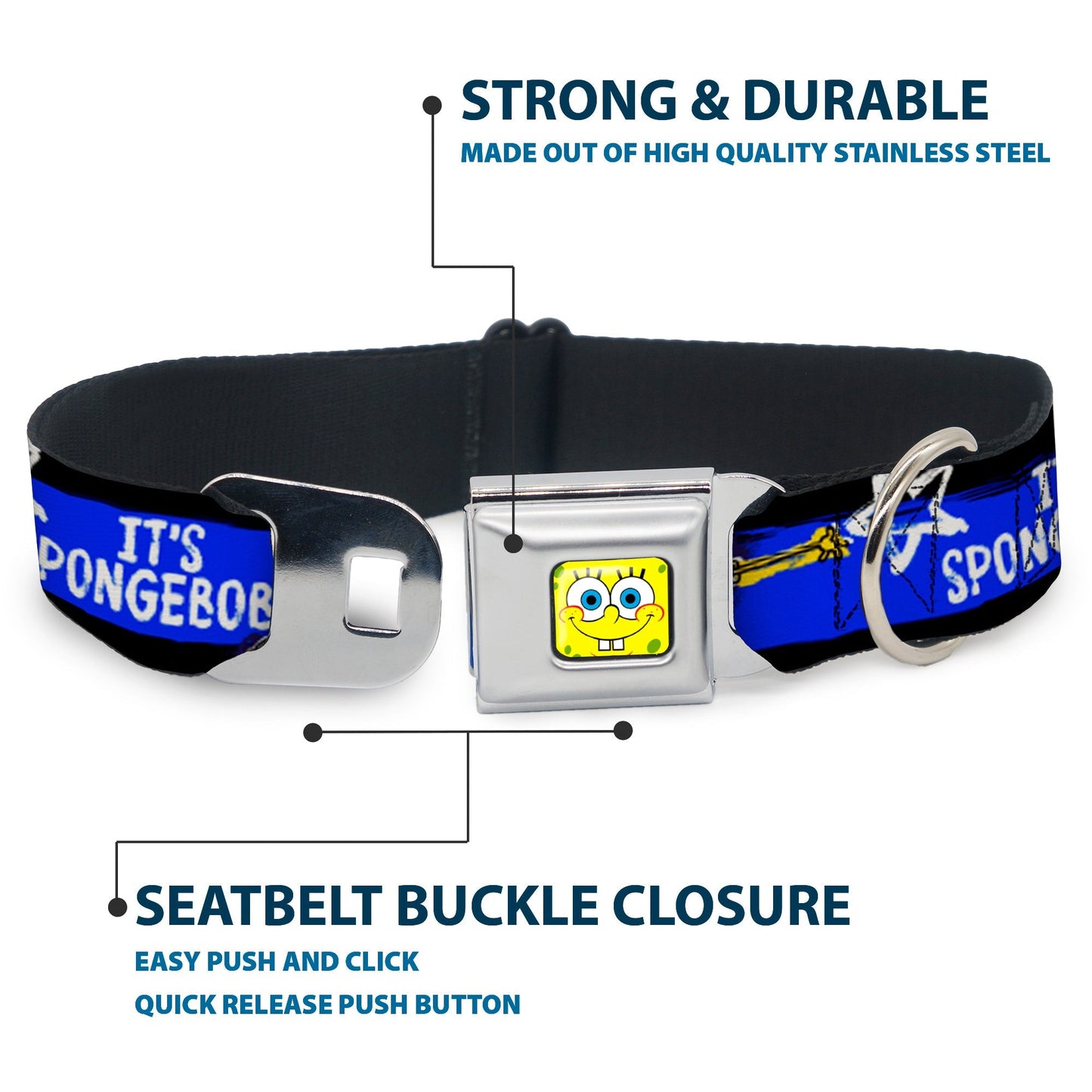 SpongeBob SquarePants Dog Collar Face Close - Up Seatbelt Buckle Black/Blue/White Stripe - Paramount Shop