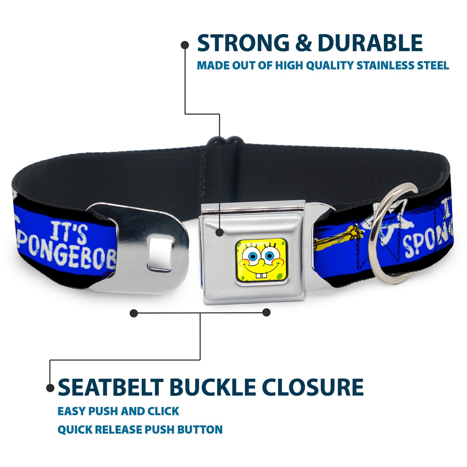 SpongeBob SquarePants Dog Collar Face Close - Up Seatbelt Buckle Black/Blue/White Stripe - Paramount Shop