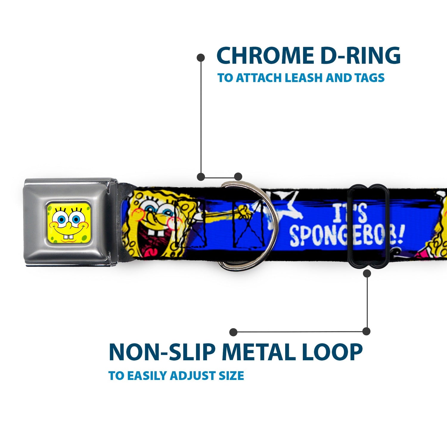 SpongeBob SquarePants Dog Collar Face Close - Up Seatbelt Buckle Black/Blue/White Stripe - Paramount Shop
