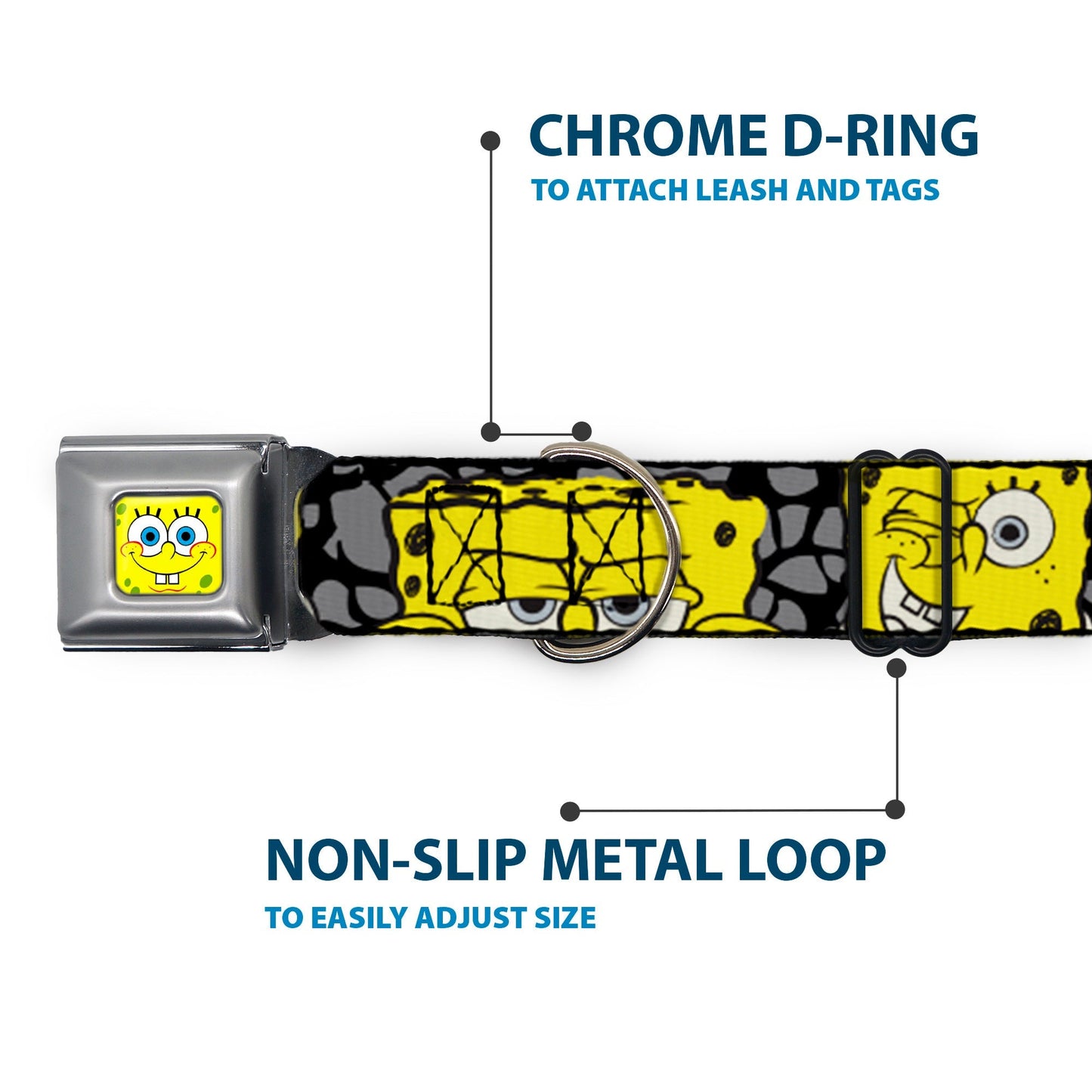 SpongeBob SquarePants Dog Collar Face Close - Up Seatbelt Buckle Black/Gray/Yellow - Paramount Shop