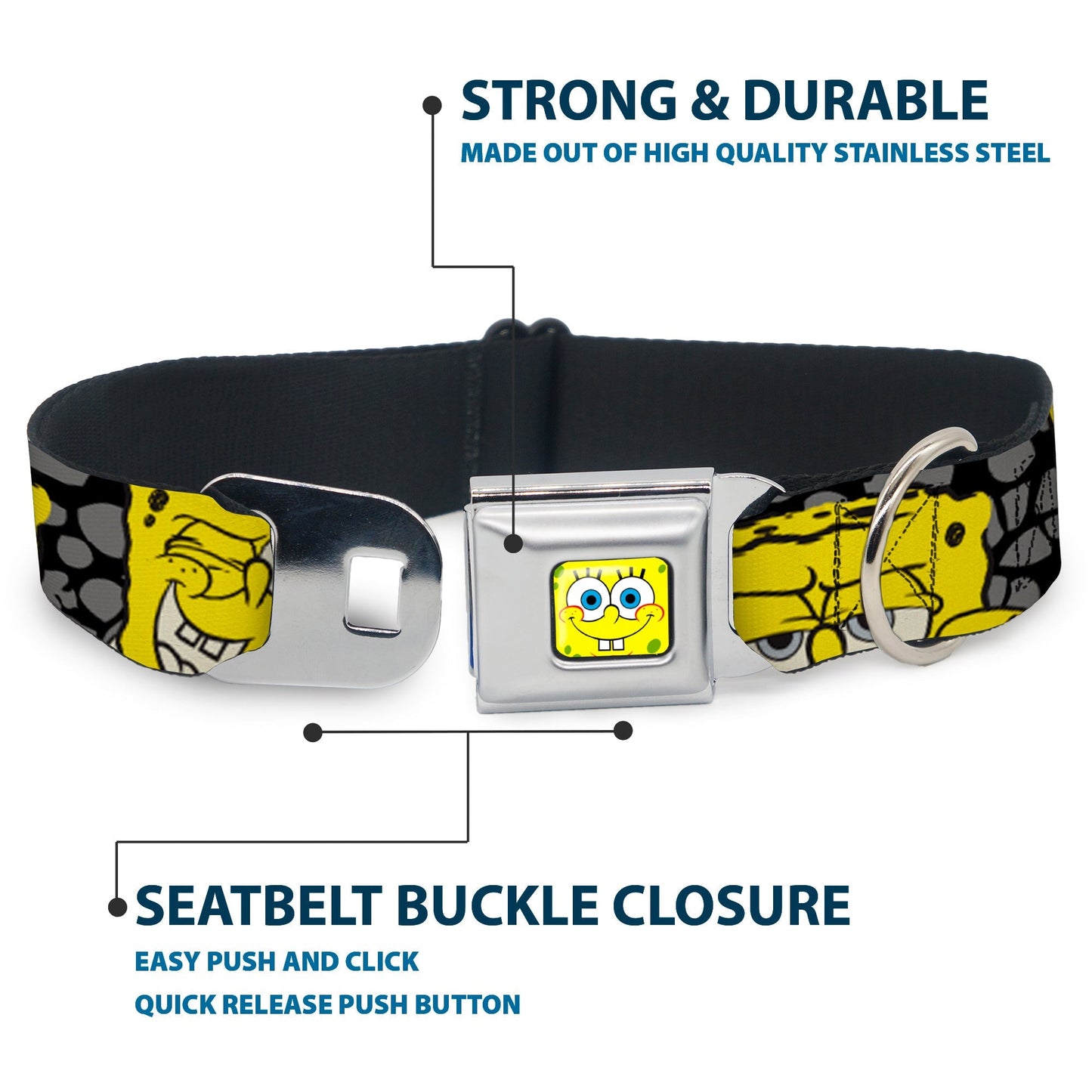 SpongeBob SquarePants Dog Collar Face Close - Up Seatbelt Buckle Black/Gray/Yellow - Paramount Shop