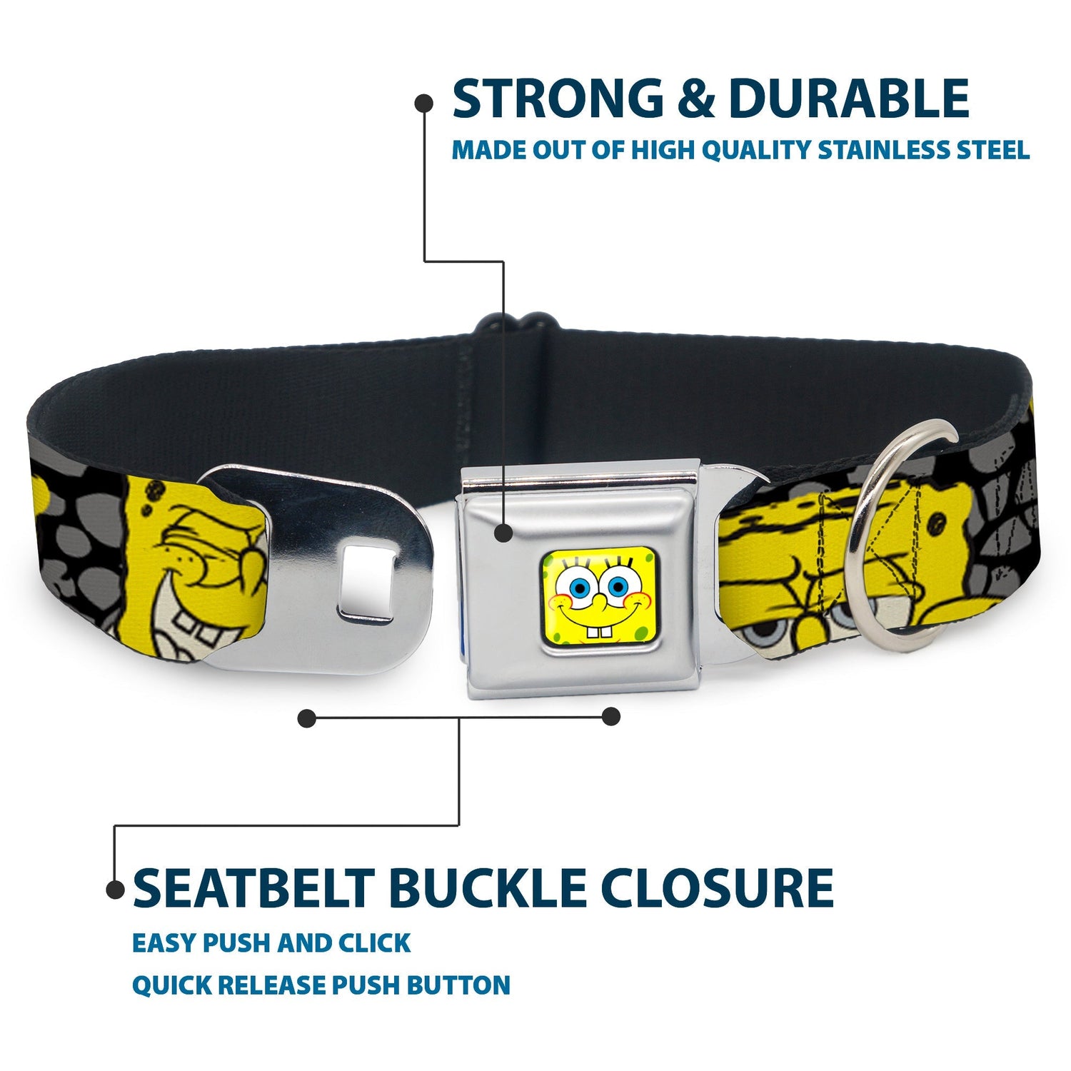 SpongeBob SquarePants Dog Collar Face Close - Up Seatbelt Buckle Black/Gray/Yellow - Paramount Shop