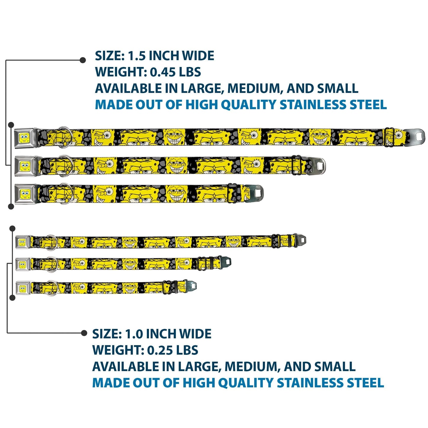 SpongeBob SquarePants Dog Collar Face Close - Up Seatbelt Buckle Black/Gray/Yellow - Paramount Shop