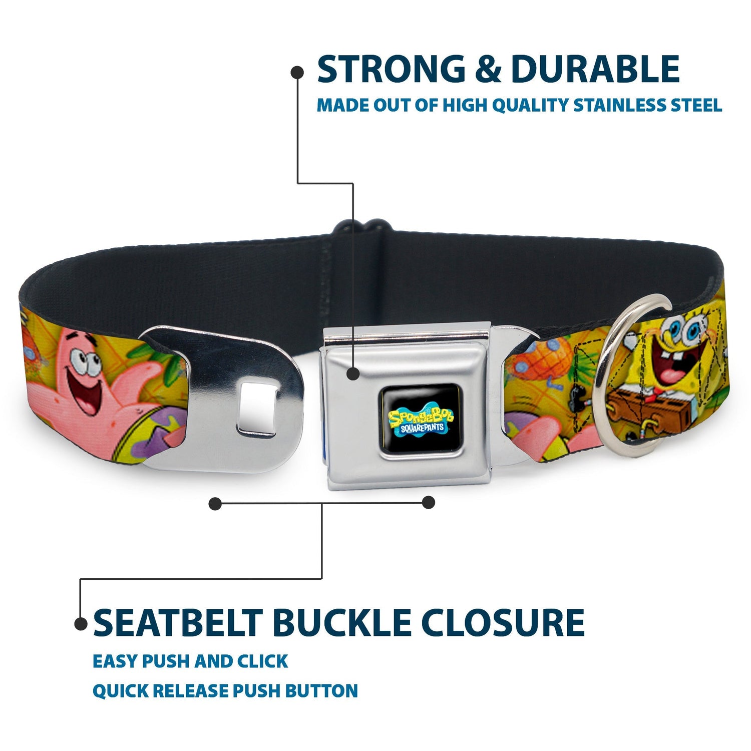 SpongeBob SquarePants Dog Collar Full Color SpongeBob & Patrick Poses Seatbelt Buckle Black - Paramount Shop