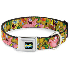 SpongeBob SquarePants Dog Collar Full Color SpongeBob & Patrick Poses Seatbelt Buckle Black - 1.0" WIDE / SMALL