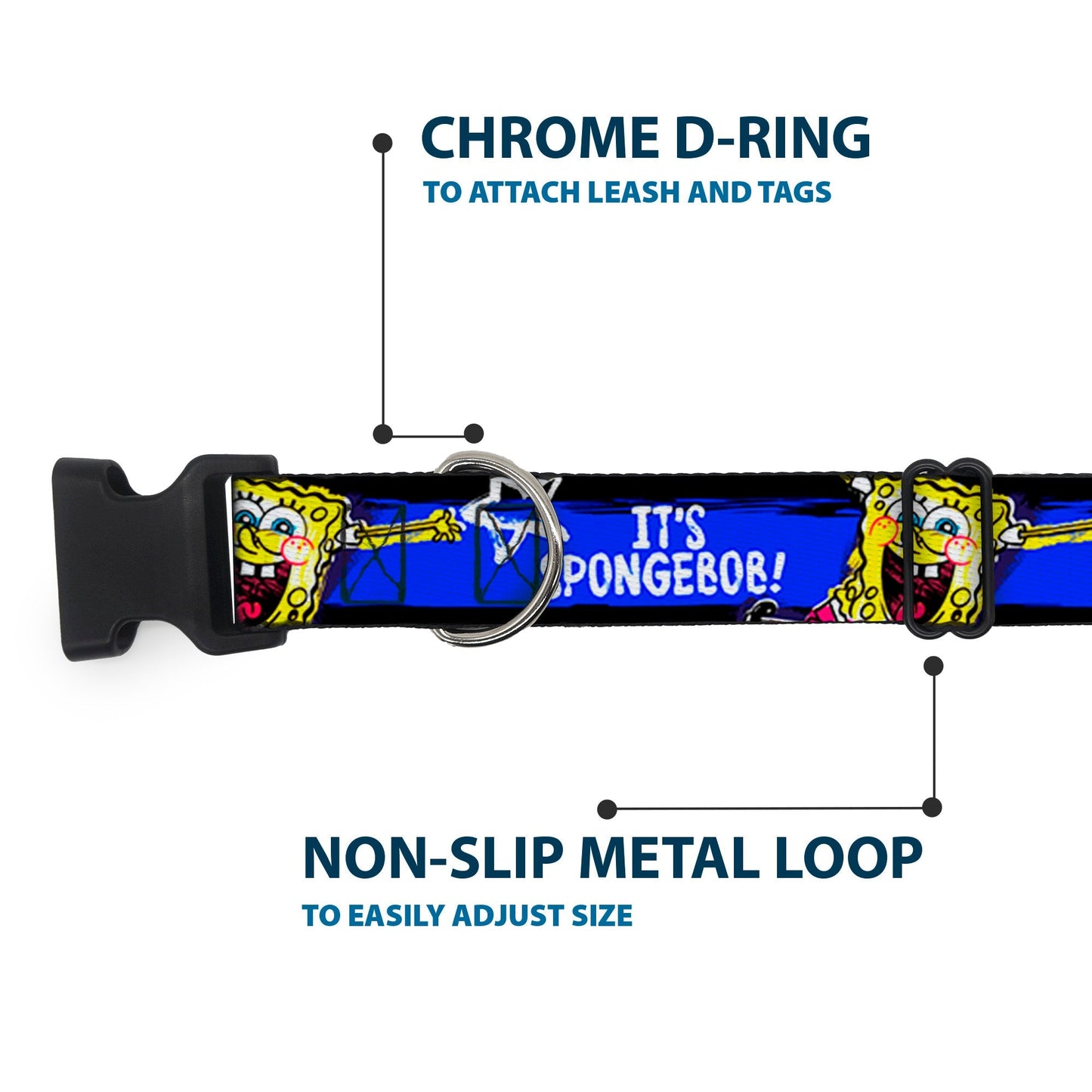 SpongeBob SquarePants Dog Collar Pose It's SpongeBob! Stripe Plastic Clip Black/Blue/White - Paramount Shop