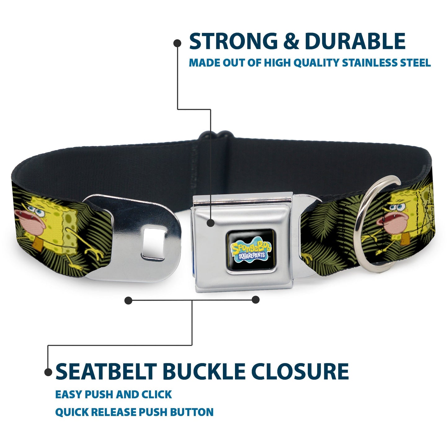 SpongeBob SquarePants Dog Collar Primitive Sponge Pose Full Color Seatbelt Buckle Black Green - Paramount Shop