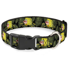 SpongeBob SquarePants Dog Collar Primitive Sponge Pose Leaves Plastic Clip Black/Green - 0.5" WIDE / SMALL