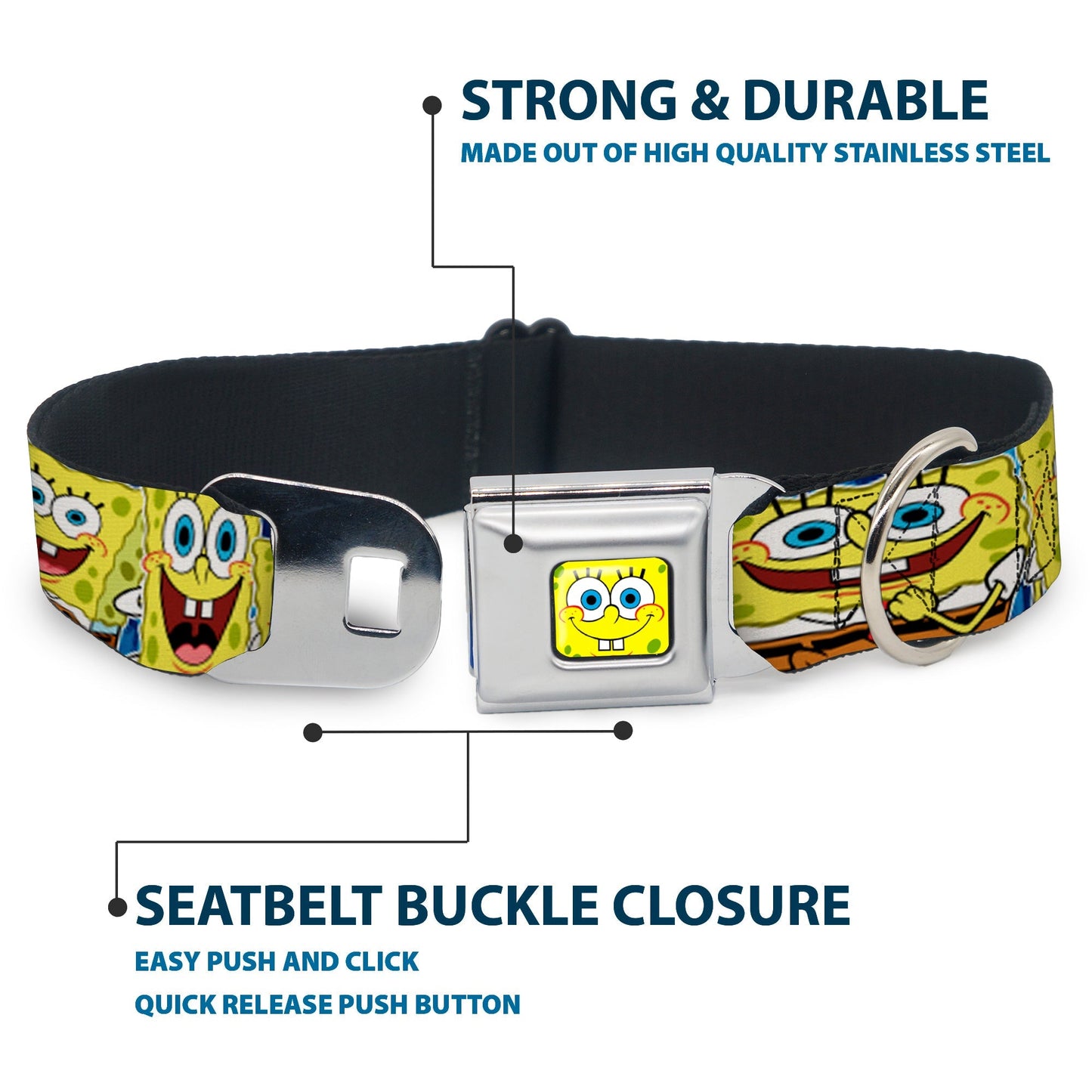 SpongeBob SquarePants Dog Collar SpongeBob Face Close - Up Expressions Stripe Seatbelt Buckle Blue - Paramount Shop