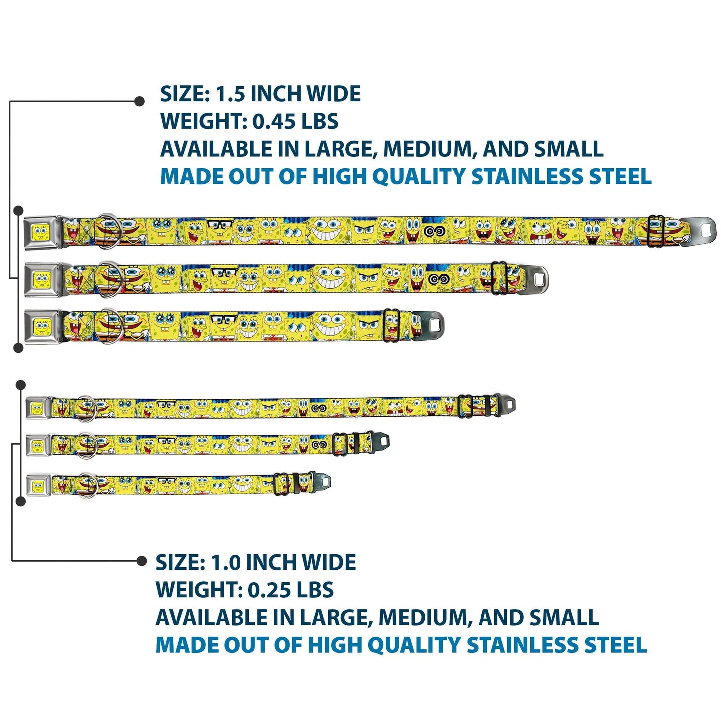 SpongeBob SquarePants Dog Collar SpongeBob Face Close - Up Expressions Stripe Seatbelt Buckle Blue - Paramount Shop