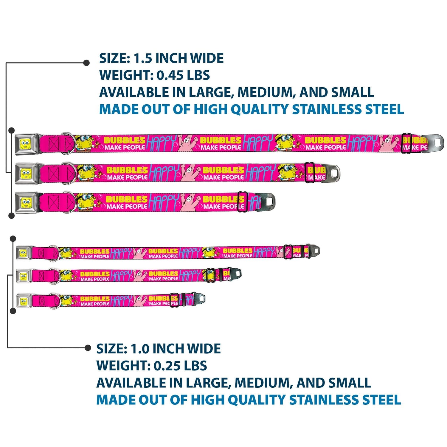 SpongeBob SquarePants Dog Collar SpongeBob Face Patrick Pose Bubbles Design Seatbelt Buckle Pink Yellow Blue - Paramount Shop