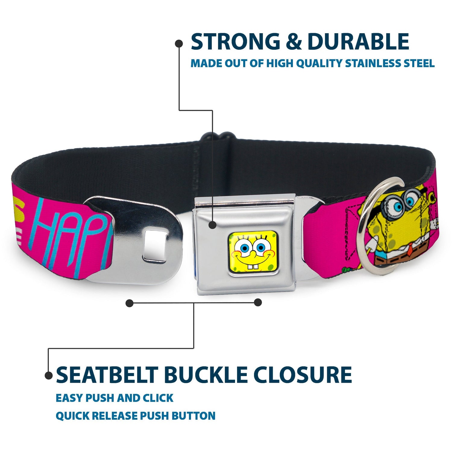 SpongeBob SquarePants Dog Collar SpongeBob Face Patrick Pose Bubbles Design Seatbelt Buckle Pink Yellow Blue - Paramount Shop