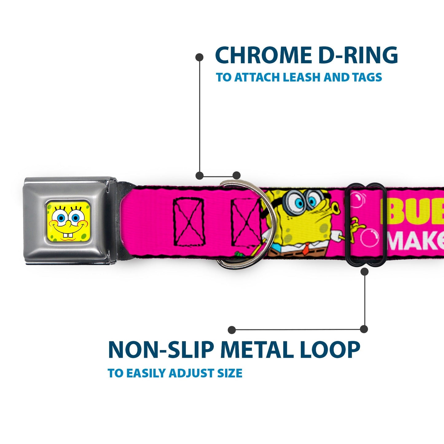 SpongeBob SquarePants Dog Collar SpongeBob Face Patrick Pose Bubbles Design Seatbelt Buckle Pink Yellow Blue - Paramount Shop