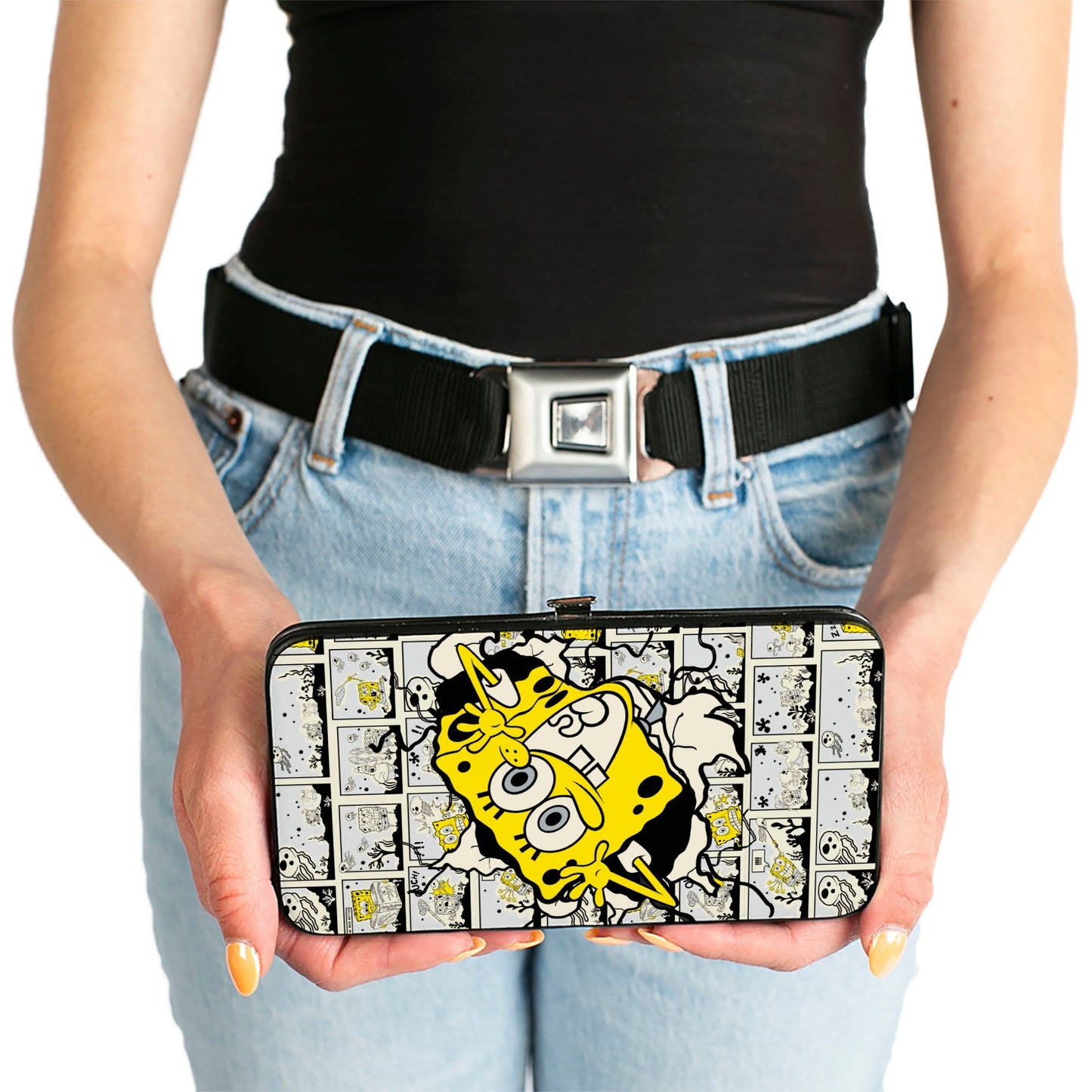 SpongeBob SquarePants Hinged Wallet Breakthrough Scene Blocks Vegan Leather Stainless Steel 7.0x4.0x0.75 Inches - Paramount Shop