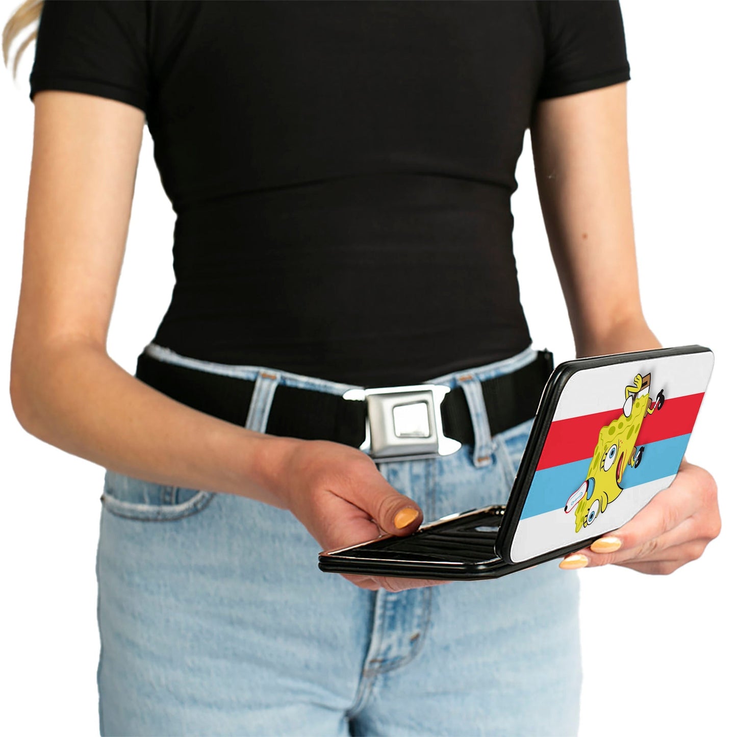 SpongeBob SquarePants Hinged Wallet Mocking SpongeBob Pose Stripe Vegan Leather White Blue Red - Paramount Shop